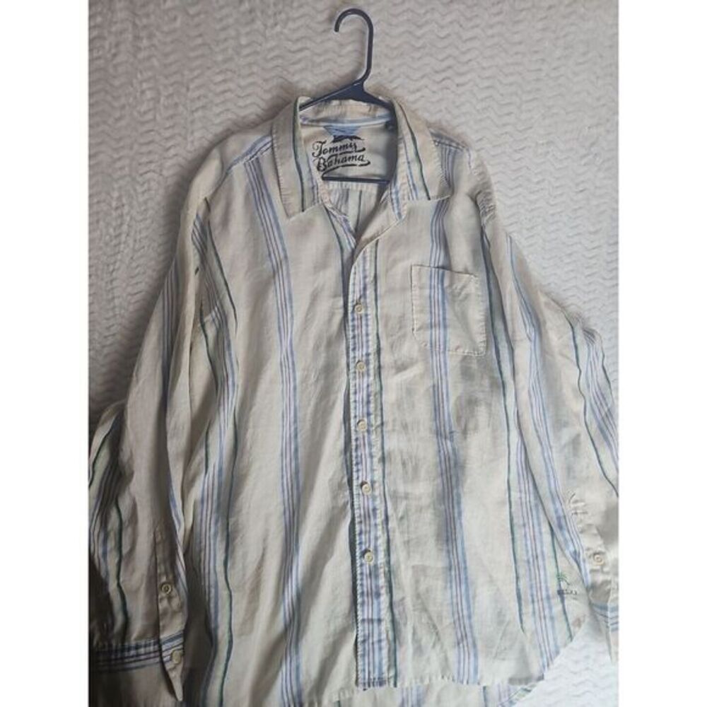 Tommy Bahama Shirt Mens XXL White Stripes 100% Linen Dress Button Up Flowy Adult
